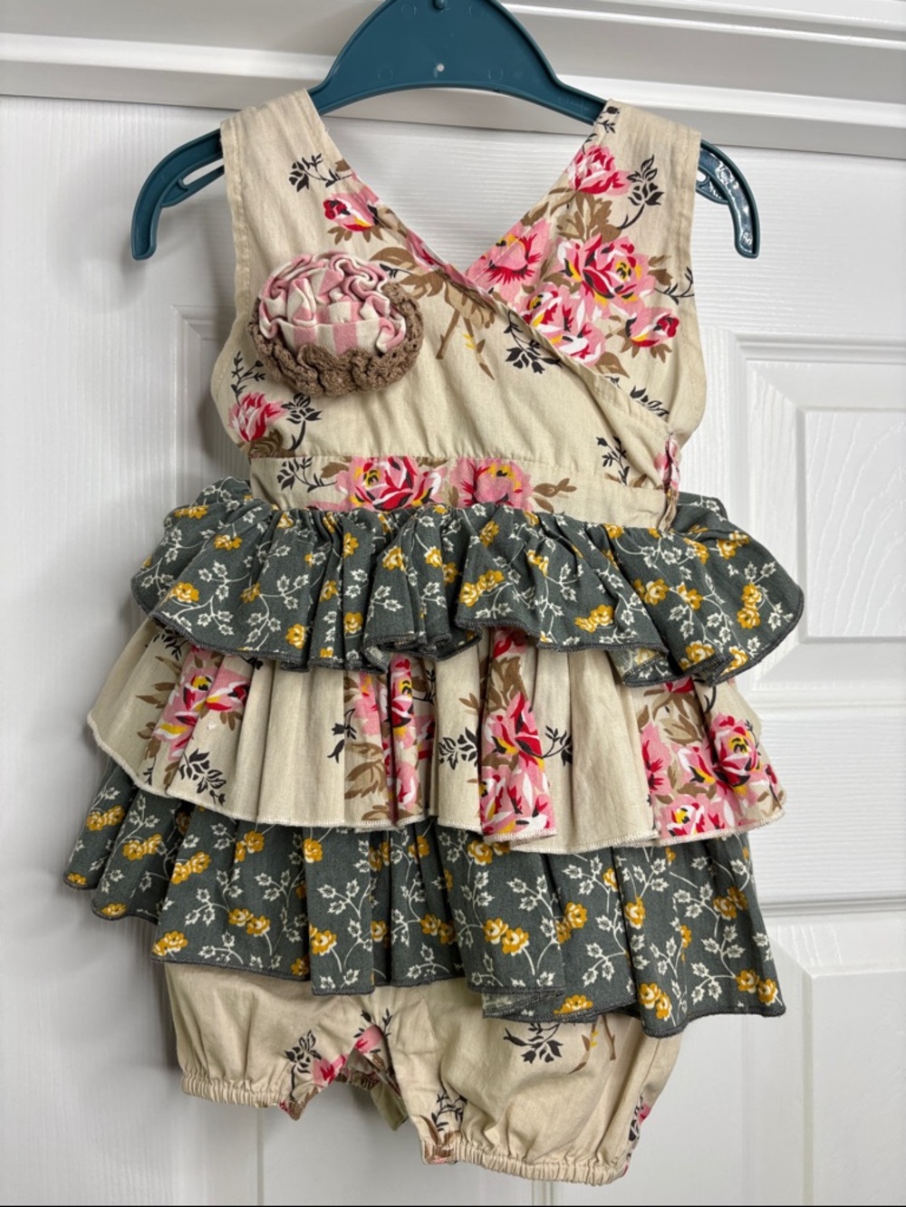 Mustard Pie Cream, Pink & Olive Floral Ruffle One-Piece